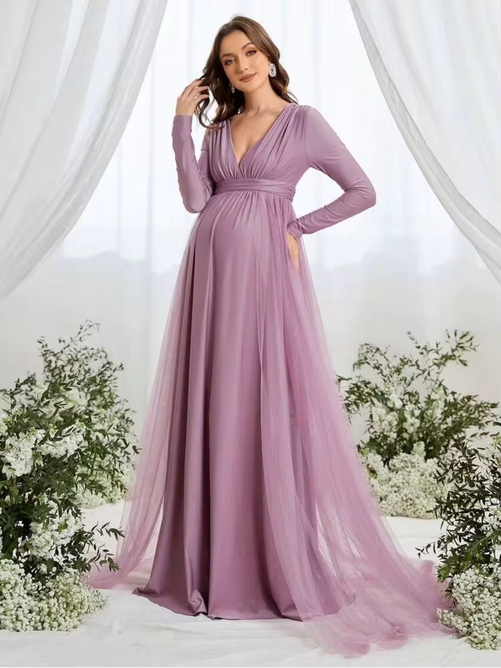 Elegant Mauve Long-Sleeve Maternity Maxi Dress